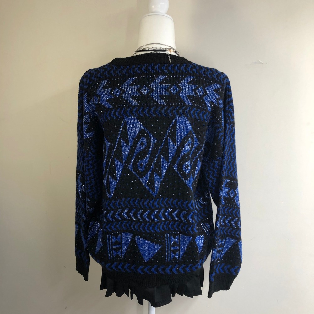 Vintage 80s Metallic Blue Black Abstract Geometric Sweater Womens L XL Oversized - Picture 2 of 12